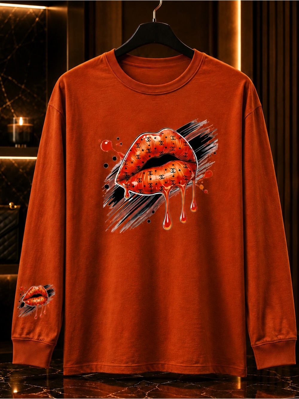 Designer-Pattern Orange Graphic Long-Sleeve Tee